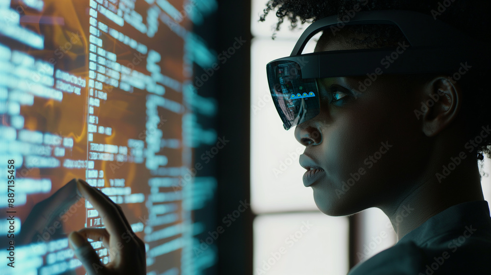 A black African American female IT specialist in side profile, using augmented reality glasses to view AI-generated data on potential cyber threats. A black African American female IT specialist in side profile, using augmented reality glasses to view AI-generated data on potential cyber threats.