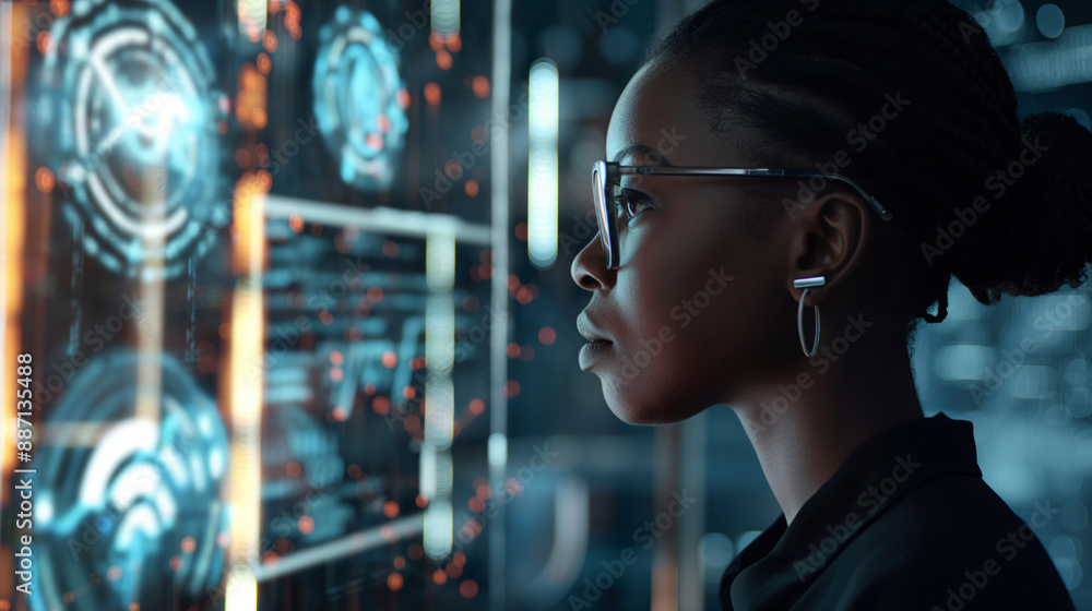 A black African American female cybersecurity analyst in side profile, working with a digital interface filled with AI threat detection visuals and data streams. A black African American female cybersecurity analyst in side profile, working with a digital interface filled with AI threat detection visuals and data streams.