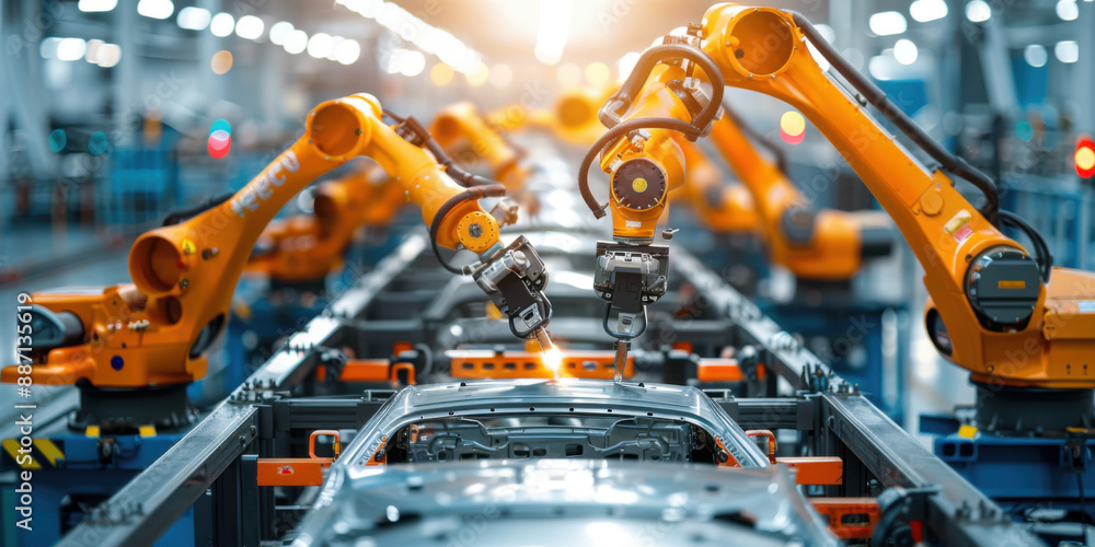Robotic arms work on a car body in a state-of-the-art automotive factory, showcasing advanced manufacturing technology. Robotic arms work on a car body in a state-of-the-art automotive factory, showcasing advanced manufacturing technology.
