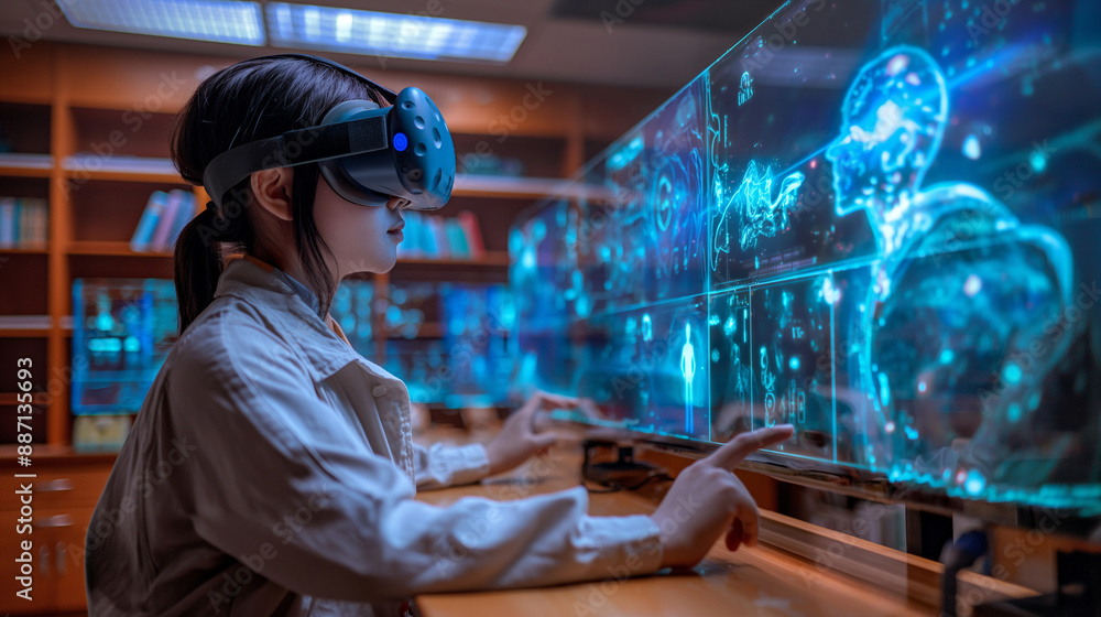 A student in a modern classroom, using VR technology to interact with AI-generated blue holograms that illustrate historical events and scientific phenomena. A student in a modern classroom, using VR technology to interact with AI-generated blue holograms that illustrate historical events and scientific phenomena.