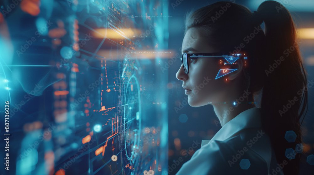 A female IT specialist in side profile, with augmented reality elements highlighting AI-driven cyber security risks, creating a dynamic and informative banner. A female IT specialist in side profile, with augmented reality elements highlighting AI-driven cyber security risks, creating a dynamic and informative banner.