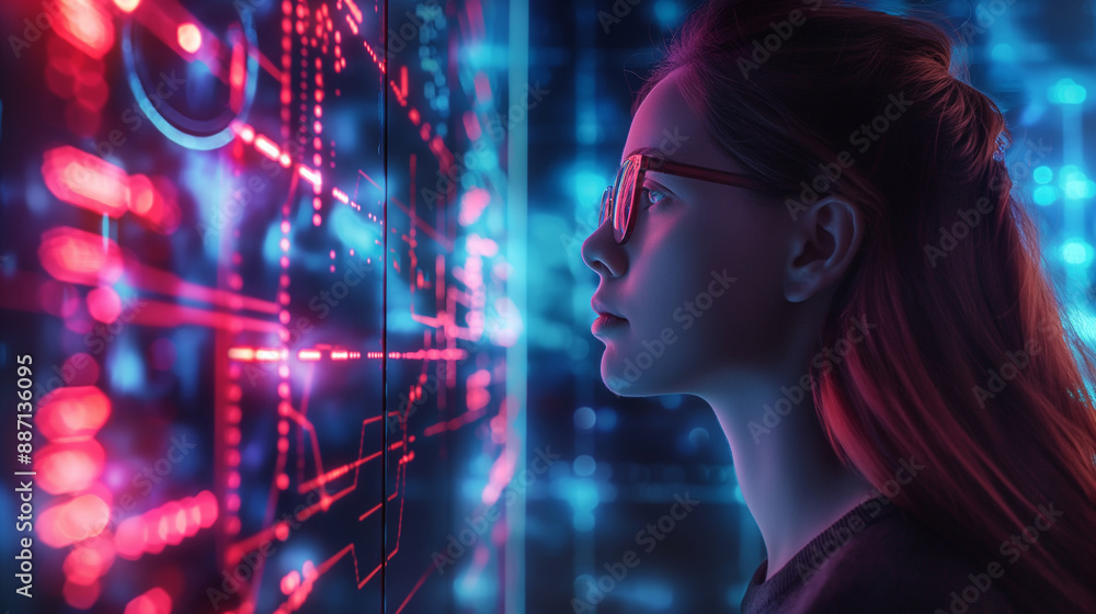 A side profile of a female IT expert, analyzing cyber security data with AI-generated graphics illustrating the danger of cyber threats, creating an engaging banner. A side profile of a female IT expert, analyzing cyber security data with AI-generated graphics illustrating the danger of cyber threats, creating an engaging banner.