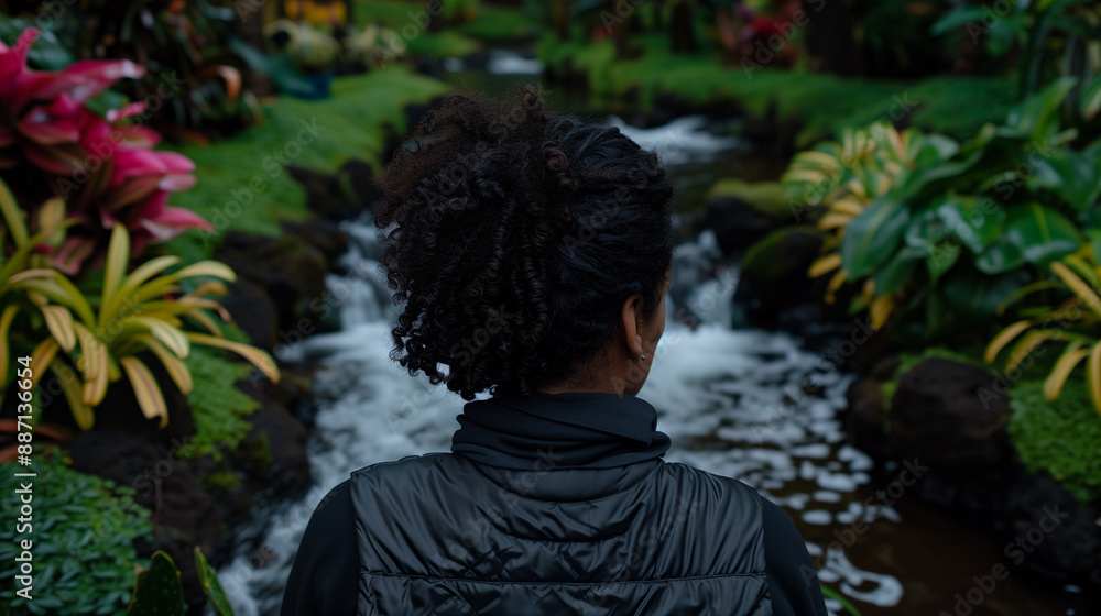 Woman gazes at the natural beauty of a small waterfall Woman gazes at the natural beauty of a small waterfall