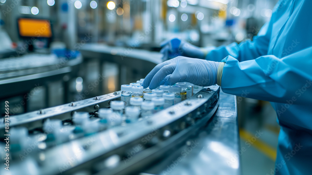 Amidst the high-tech surroundings of a drug manufacturing facility, a pharmaceutical scientist wearing sterile gloves inspects each medical vial on the conveyor belt with meticulou Amidst the high-tech surroundings of a drug manufacturing facility, a pharmaceutical scientist wearing sterile gloves inspects each medical vial on the conveyor belt with meticulou