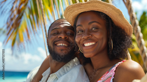 Wallpaper Mural Smiling blissfully, a young black African American couple swings gently in a hammock, the tropical backdrop enhancing their romantic honeymoon summer vacation. Torontodigital.ca