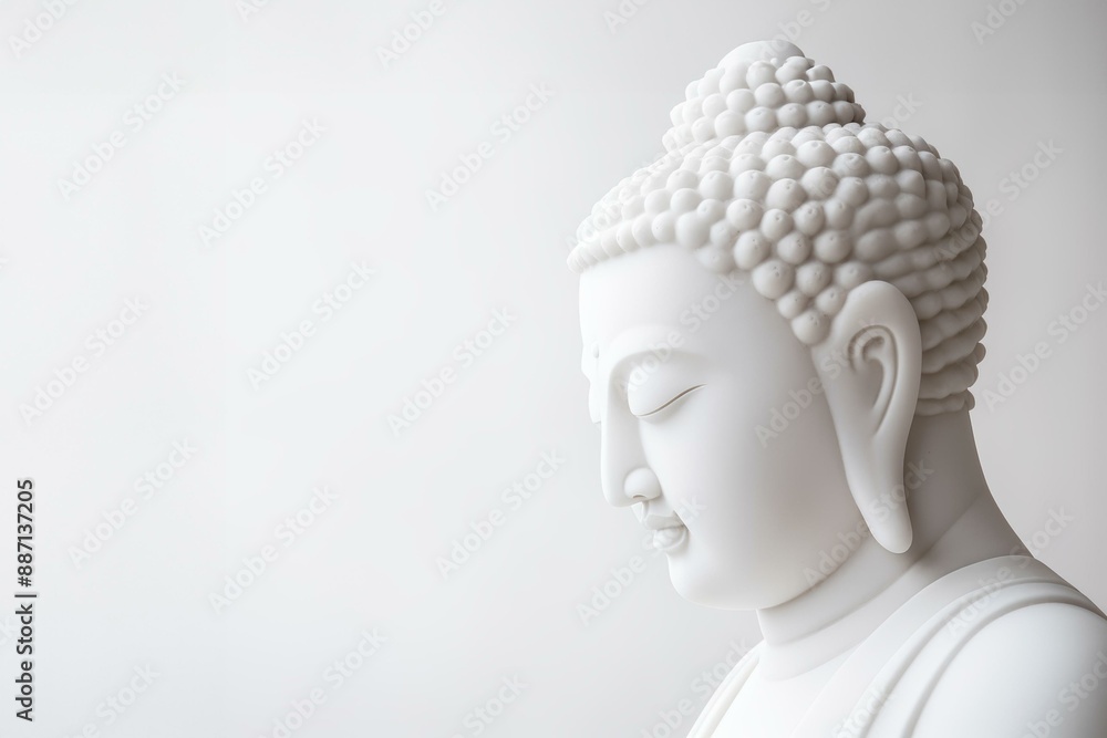 Minimalist white Buddha statue on a clean white background, symbolizing peace, tranquility, and mindfulness. Minimalist white Buddha statue on a clean white background, symbolizing peace, tranquility, and mindfulness.