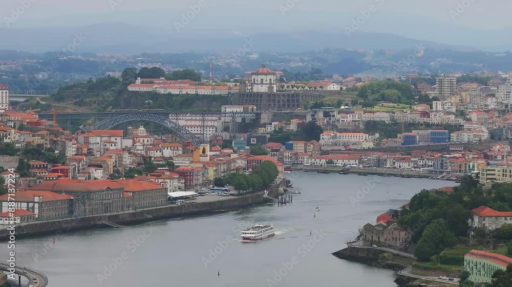 Aerial view of the European city Porto with Luis I Bridge over Douro river in Portugal, aerial view. Panoramic aerial view of Dom Luis Bridge in Porto Aerial view of the European city Porto with Luis I Bridge over Douro river in Portugal, aerial view. Panoramic aerial view of Dom Luis Bridge in Porto