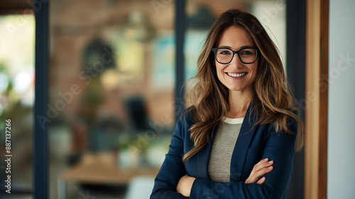 A businesswoman with eyeglasses and a confident smile stands with arms crossed, her professional demeanor reflecting her CEO status. Free Download A businesswoman with eyeglasses and a confident smile stands with arms crossed, her professional demeanor reflecting her CEO status. - GFXLoad