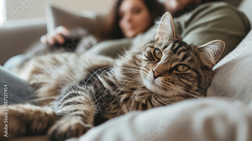 A cute domestic cat sprawled on a man's lap, with a happy couple relaxing on a cozy sofa, enjoying their leisure time at home.