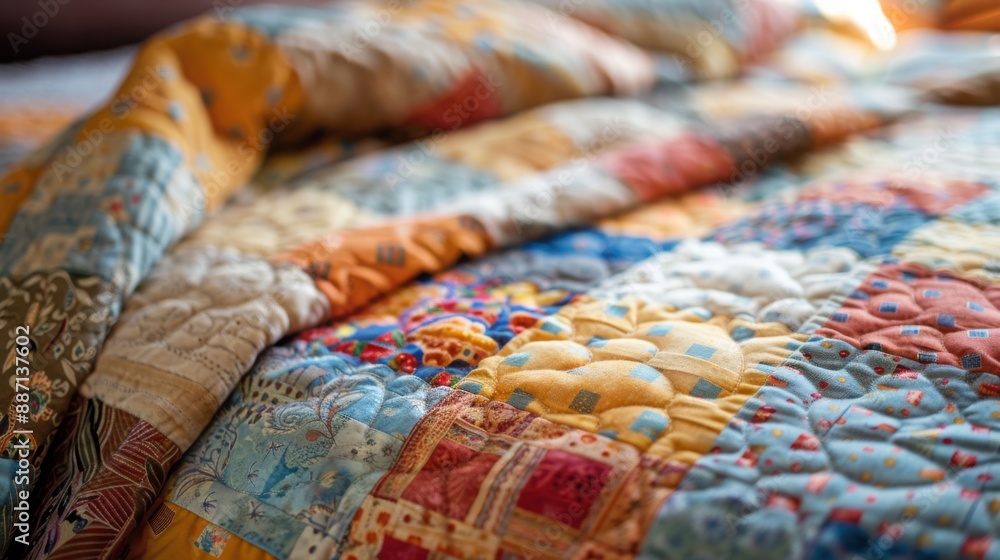 Fototapeta premium Handmade quilt with slightly misaligned patterns, wtih copy space