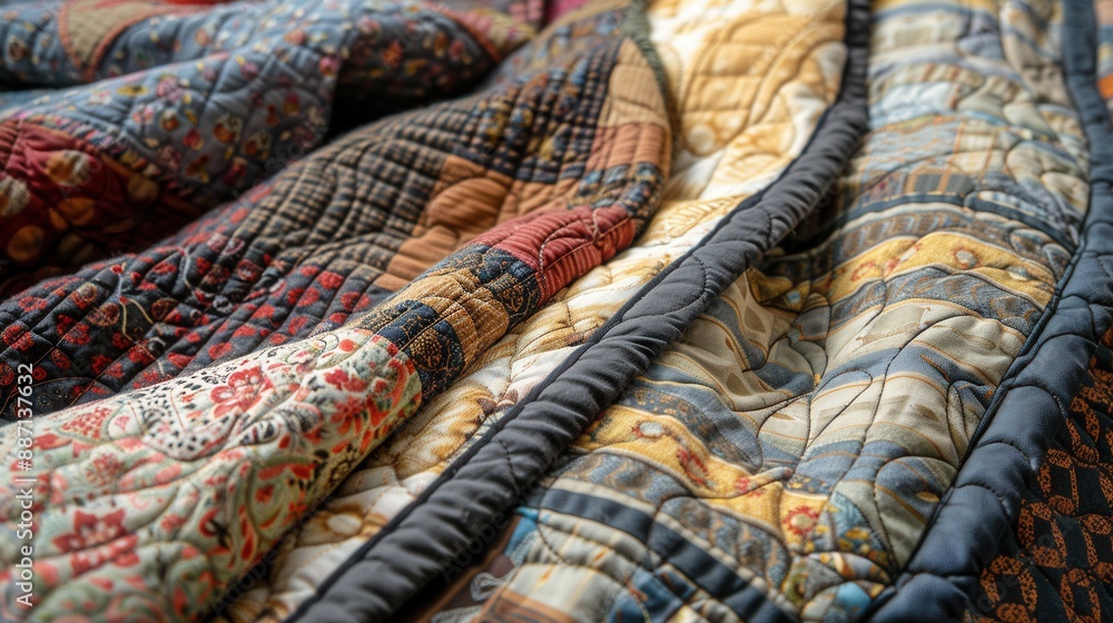 Handmade quilt with slightly misaligned patterns, wtih copy space Handmade quilt with slightly misaligned patterns, wtih copy space