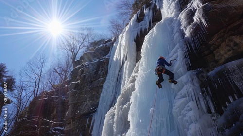 Ice climber scaling frozen waterfall with high risk of falling if the icewall break, with copy space photo