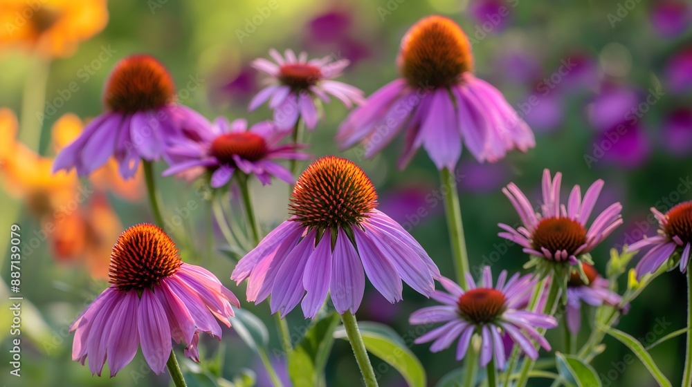 1. Bright purple echinacea flowers with their cone-shaped centers in a garden setting 1. Bright purple echinacea flowers with their cone-shaped centers in a garden setting
