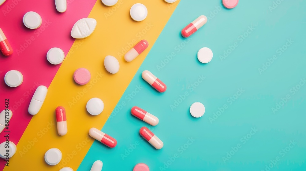 Pharmaceutical pills and capsules on colorful backdrop Space for text Pharmaceutical pills and capsules on colorful backdrop Space for text