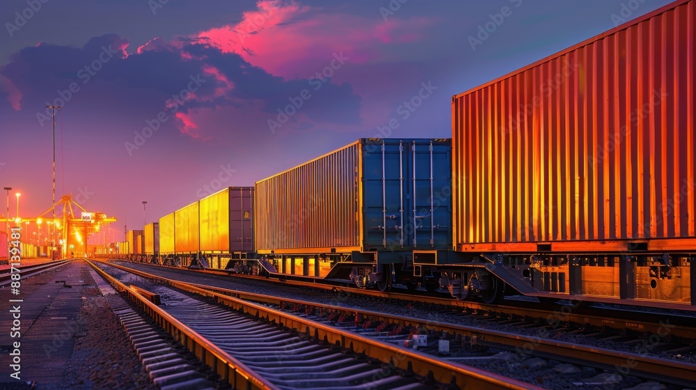 Obraz premium Intermodal container being transferred to trains a yard, with copy space, cargo,, shipping, truck, industry, transfer, business, handling, industrial, transport, trailer, 