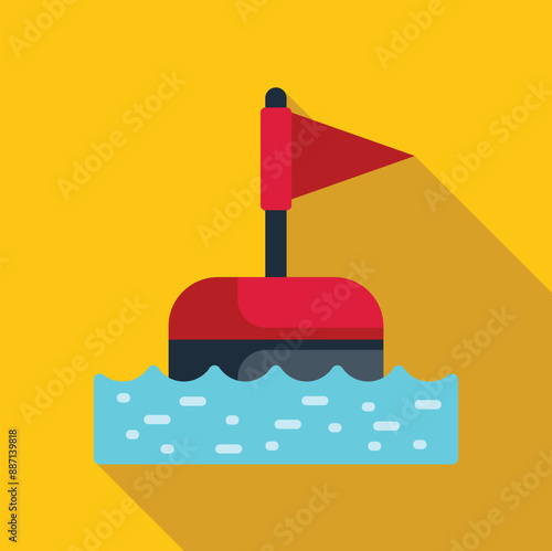 Red and black nautical buoy floating on water waves with a red flag, used for signaling and maritime navigation