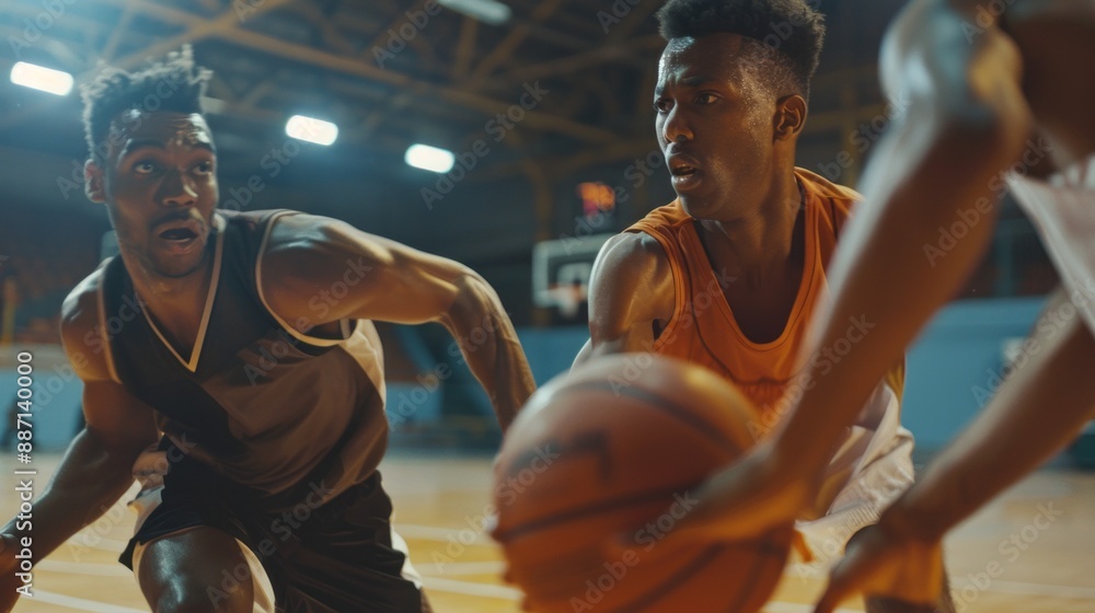 Fototapeta premium Two basketball players battle for possession of the ball during a heated indoor game