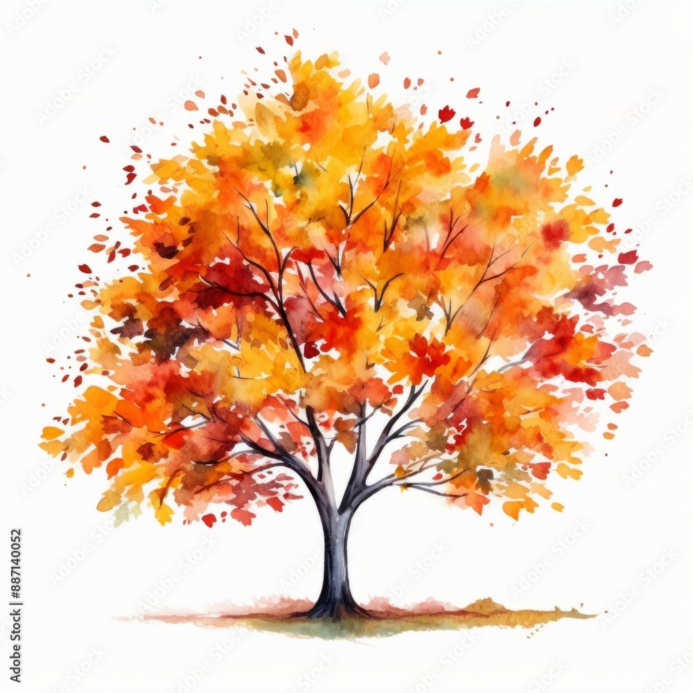 A single tree stands against a white background, its leaves painted in shades of red, yellow, and orange A single tree stands against a white background, its leaves painted in shades of red, yellow, and orange