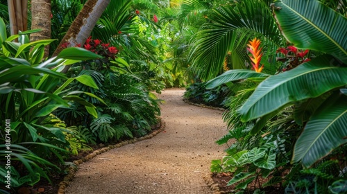 Fototapeta Naklejka Na Ścianę i Meble -  Lush tropical garden path leading to distant destination, nature walk photography, with copy space
