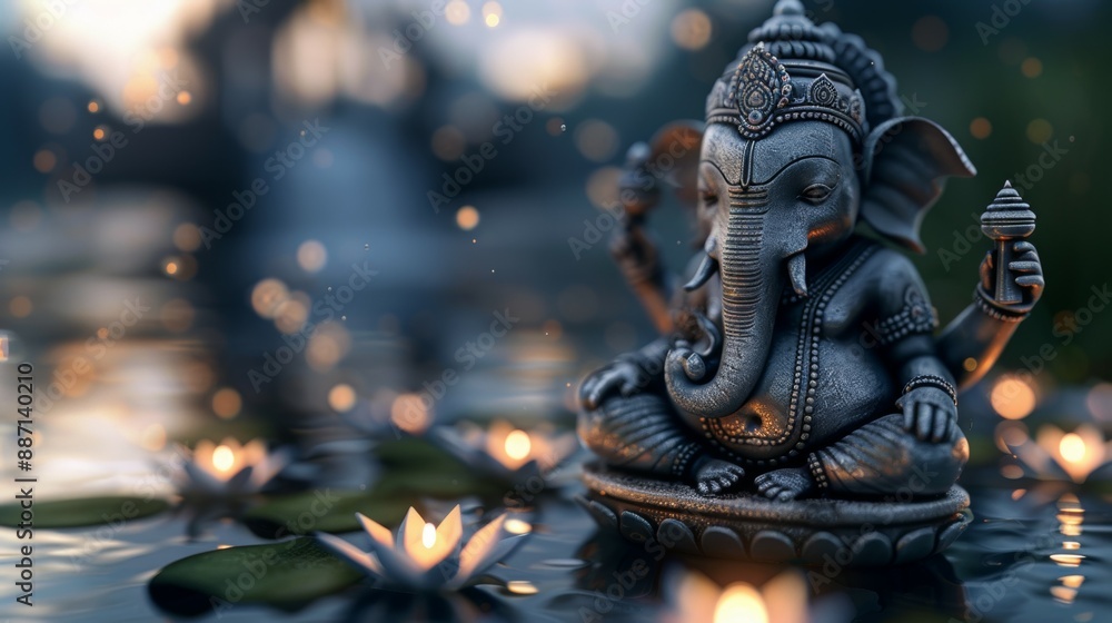 A statue of ganesh is sitting on a lotus flower in a pond, Ganesha A statue of ganesh is sitting on a lotus flower in a pond, Ganesha