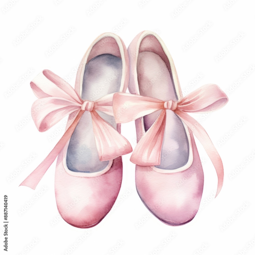 A pair of pink ballet shoes with large pink bows tied around them. The shoes are painted in watercolor on a white background A pair of pink ballet shoes with large pink bows tied around them. The shoes are painted in watercolor on a white background