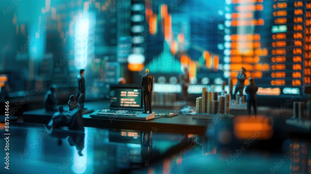 Miniature businesspeople analyzing stock market data on screens, with copy space Miniature businesspeople analyzing stock market data on screens, with copy space