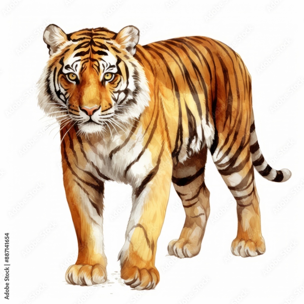 Fototapeta premium Tiger with black stripes and white belly gazes at viewer on white background, head turned to the left