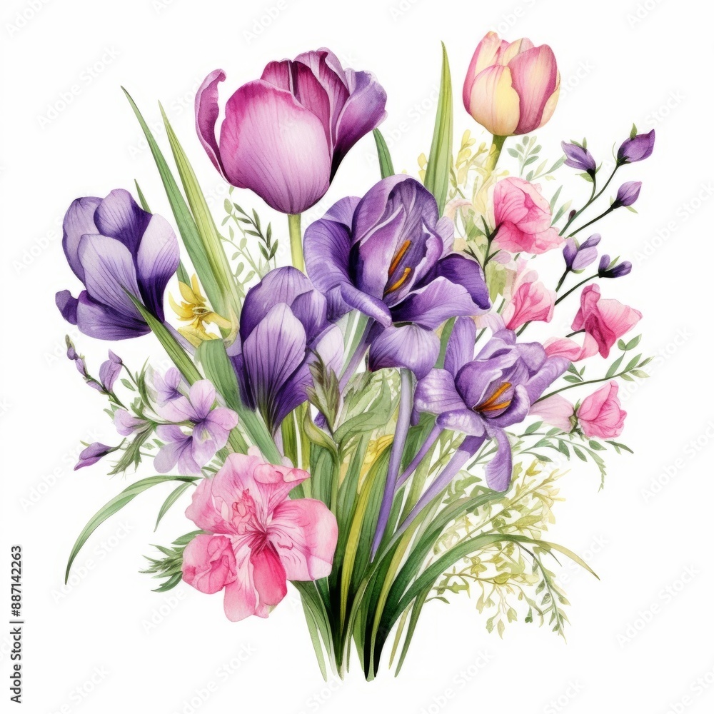 A watercolor painting of a bouquet of purple crocuses, pink tulips, and pink carnations on a white background A watercolor painting of a bouquet of purple crocuses, pink tulips, and pink carnations on a white background