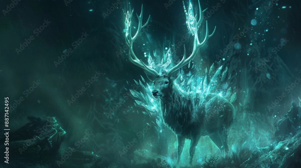 A glowing, crystal-covered deer stands in a mystical, green forest, surrounded by sparkling light and ethereal energy. A glowing, crystal-covered deer stands in a mystical, green forest, surrounded by sparkling light and ethereal energy.