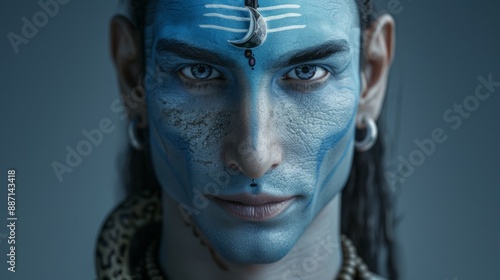 Obraz na płótnie A man with blue face paint and a snake around his neck, Shiva w salonie