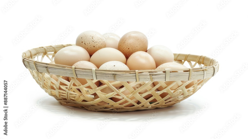 Bamboo basket filled with fresh chicken eggs, isolated on white background, food and nutrition advertising