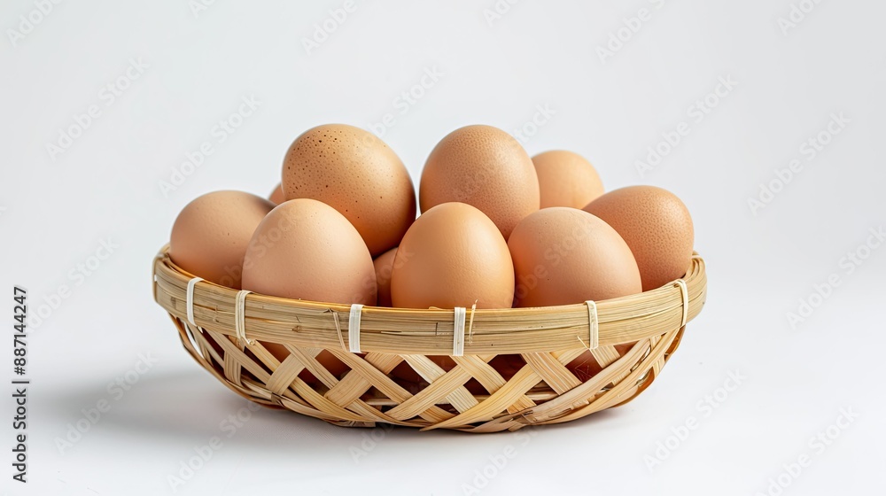 Bamboo basket with stack of fresh chicken eggs, white background, perfect for food and nutrition advertising Bamboo basket with stack of fresh chicken eggs, white background, perfect for food and nutrition advertising