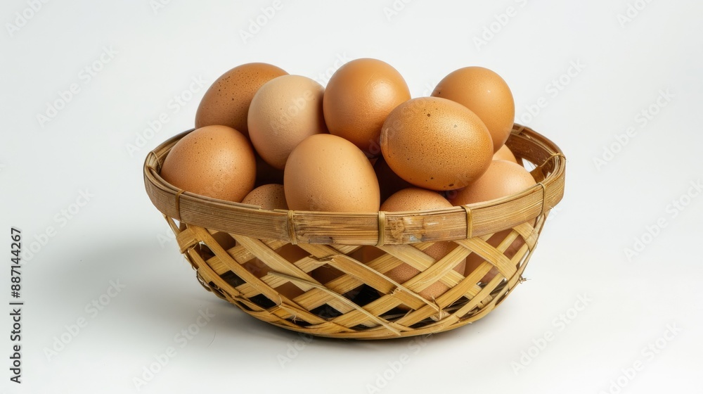 Bamboo basket with stack of fresh chicken eggs, white background, perfect for food and nutrition advertising Bamboo basket with stack of fresh chicken eggs, white background, perfect for food and nutrition advertising