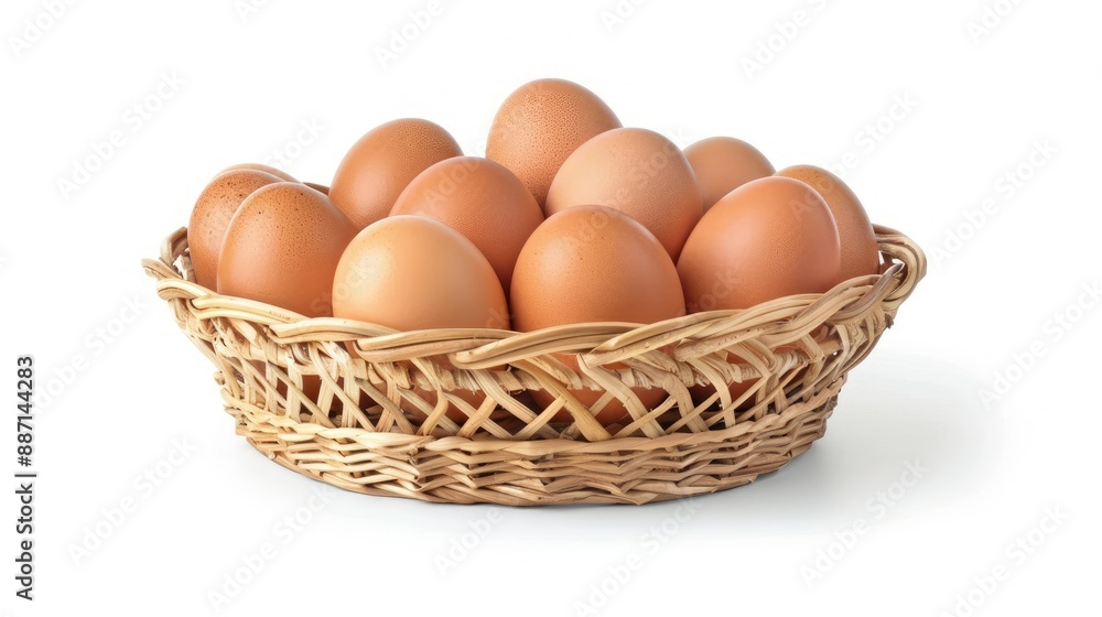 Brown chicken eggs in a wicker basket, front view, isolated on white background with clipping path Brown chicken eggs in a wicker basket, front view, isolated on white background with clipping path