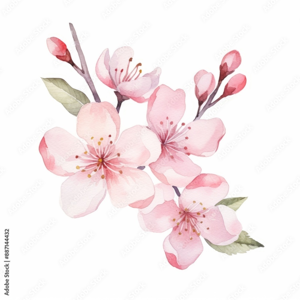 Fototapeta premium A watercolor painting depicting a branch of pink cherry blossoms in full bloom against a white background