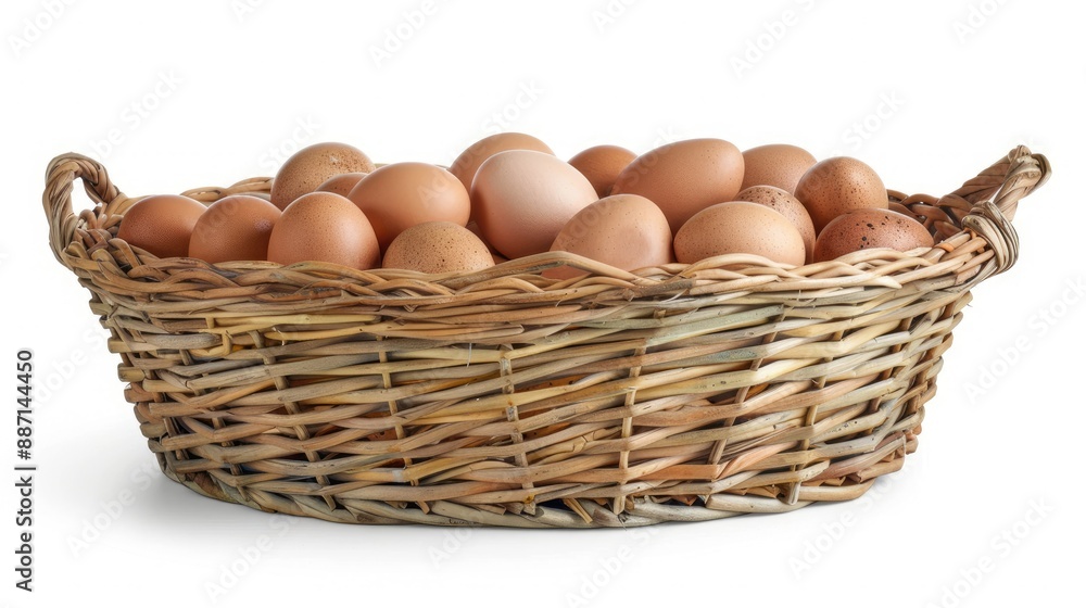 Brown chicken eggs in wicker basket, isolated on white, front view with clipping path Brown chicken eggs in wicker basket, isolated on white, front view with clipping path