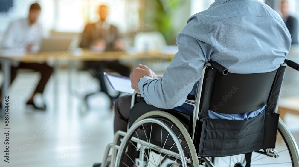 A man in a wheelchair sits in a meeting room with other people, people with disabilities at work A man in a wheelchair sits in a meeting room with other people, people with disabilities at work