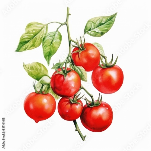 A watercolor painting of a branch of red ripe tomatoes on a vine with green leaves