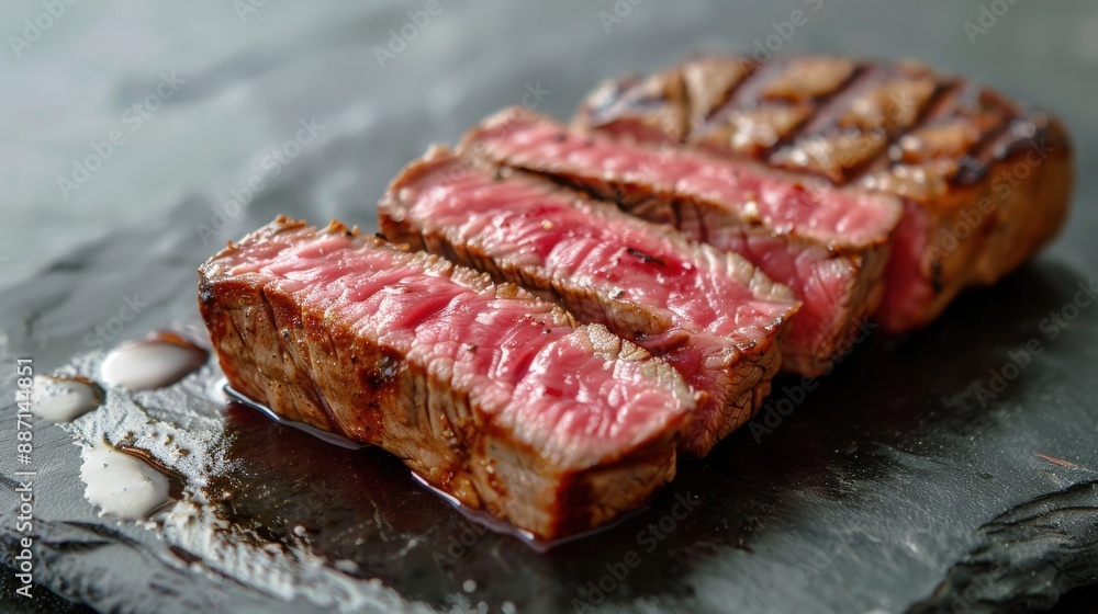 Delectable Medium-Rare Striploin Steak on Slate Board Delectable Medium-Rare Striploin Steak on Slate Board