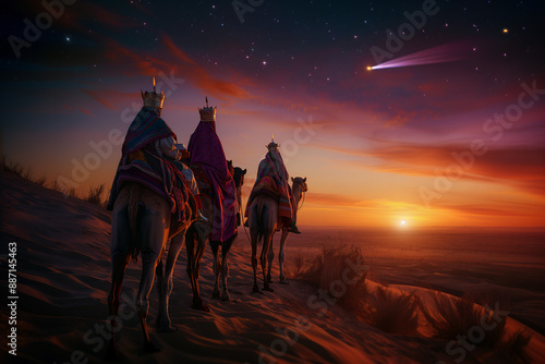 Journey of the magi. The three wise men are riding on camels in the desert at dusk, wearing colorful robes and crowns, following the comet star shining bright in the sky and pointing to Bethlehem.