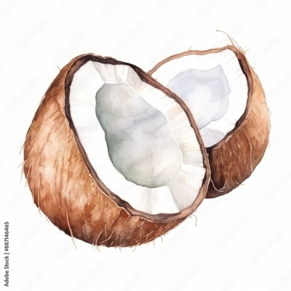 A watercolor painting of a cracked open coconut, with the inside of the fruit exposed and the shell visible A watercolor painting of a cracked open coconut, with the inside of the fruit exposed and the shell visible