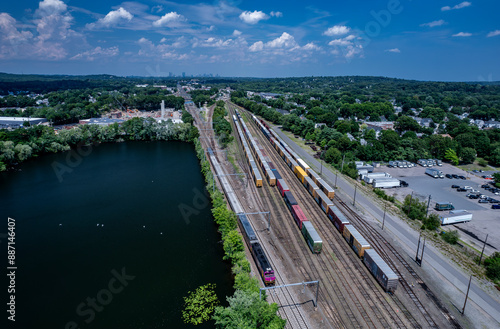 Aerial view of Dedham and Boston Massachusetts on a hot summer day  photo