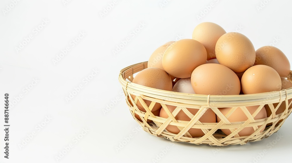 Fresh chicken eggs in a bamboo basket, white background, food and nutrition ad, ample copy space Fresh chicken eggs in a bamboo basket, white background, food and nutrition ad, ample copy space