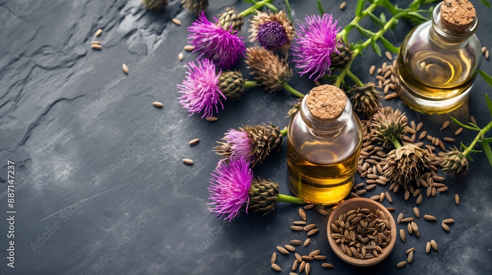 Fototapeta premium 2. A bottle of milk thistle extract with milk thistle flowers and seeds arranged around it