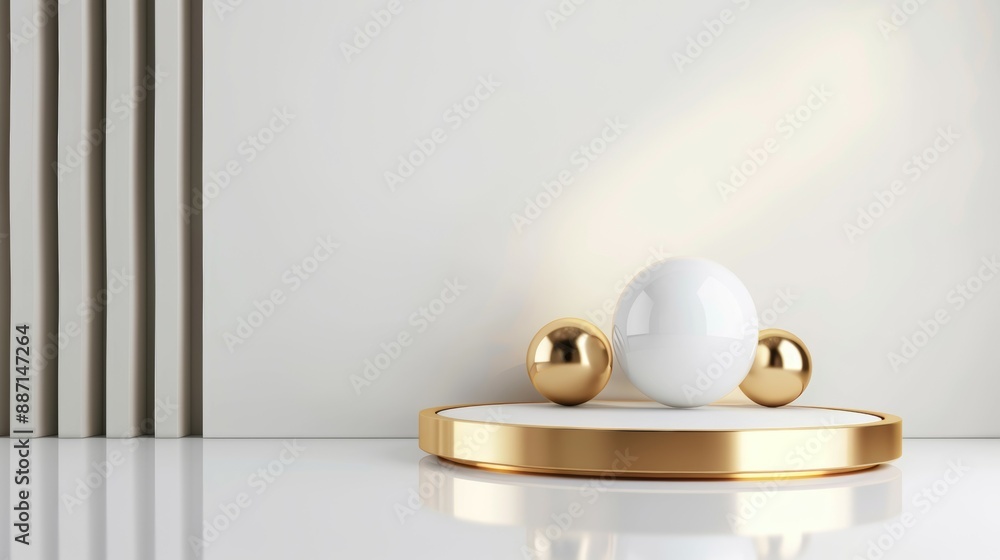 A white pedestal with three gold balls on it A white pedestal with three gold balls on it