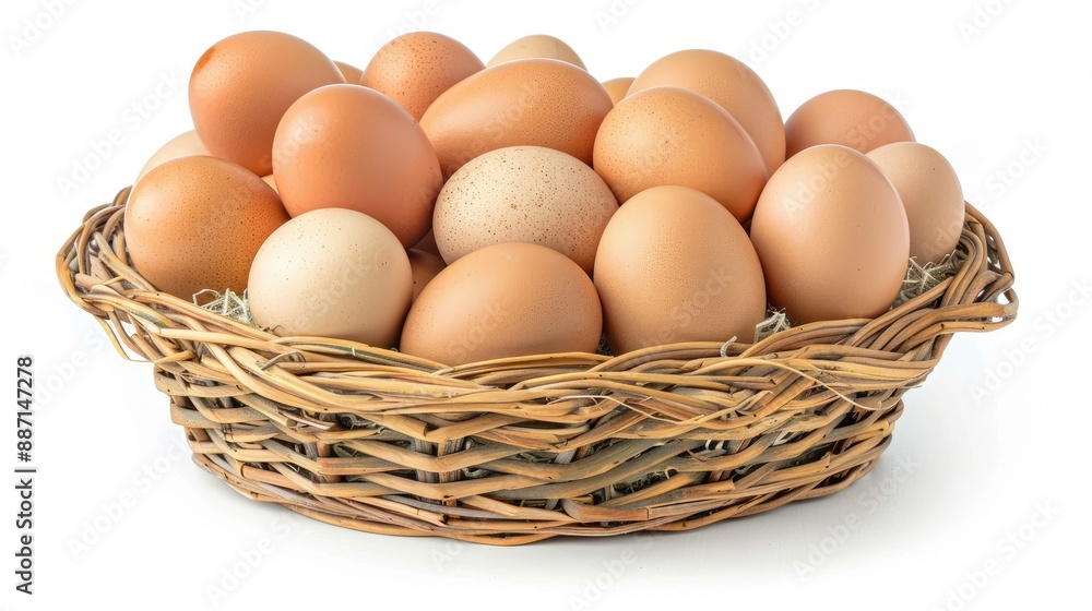 Front view of stacked brown chicken eggs in a wicker basket, isolated on white background with clipping path Front view of stacked brown chicken eggs in a wicker basket, isolated on white background with clipping path