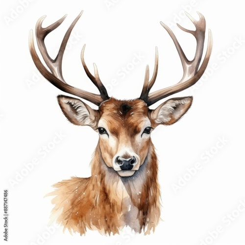 A watercolor painting depicts a deer with large antlers looking directly at the viewer