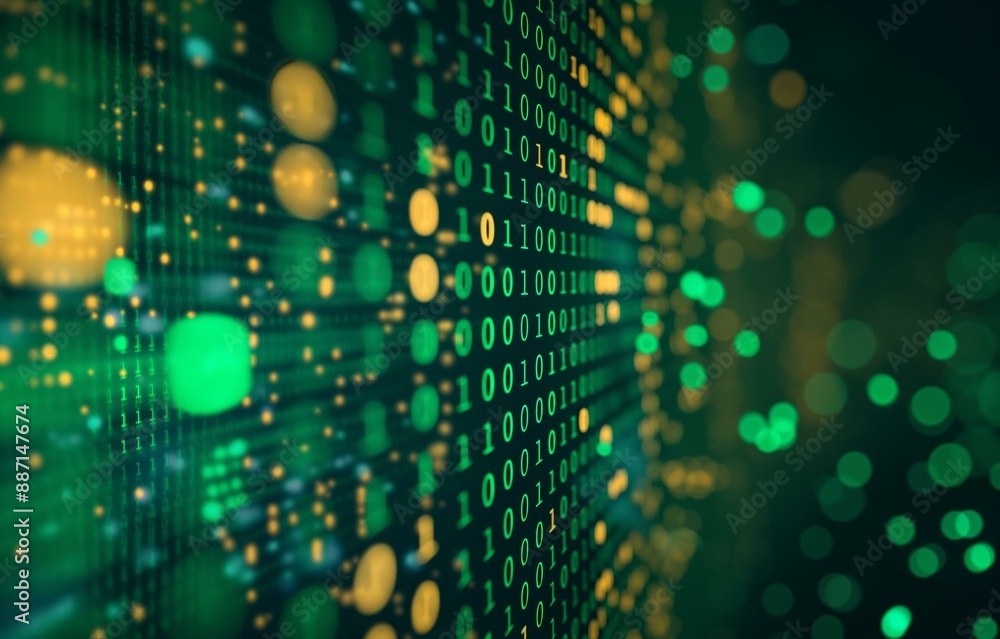 Close-up of green and yellow binary code on a digital screen, with a blurred, glowing background. Close-up of green and yellow binary code on a digital screen, with a blurred, glowing background.
