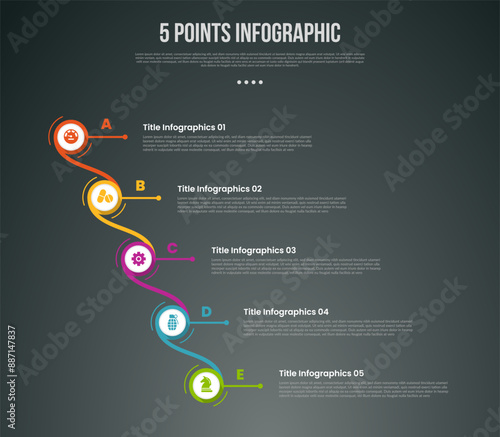 5 points or step process infographic with circle stack waterfall direction with modern dark style for slide presentation