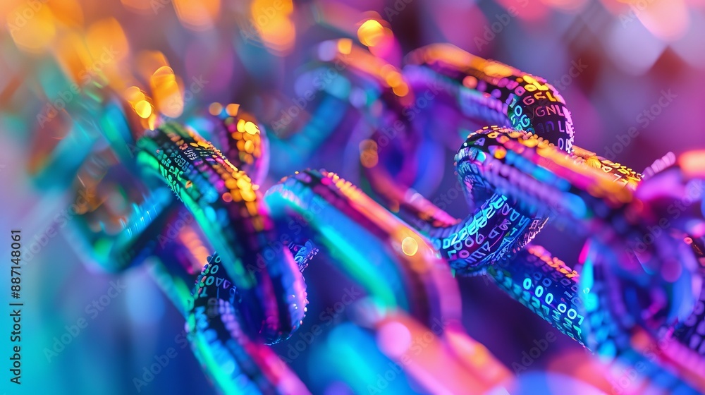 A detailed view of a chain illuminated by neon light, showcasing purple, violet, magenta, and electric blue hues. This image captures entertainment, artistic appeal, and hints of macro photography A detailed view of a chain illuminated by neon light, showcasing purple, violet, magenta, and electric blue hues. This image captures entertainment, artistic appeal, and hints of macro photography